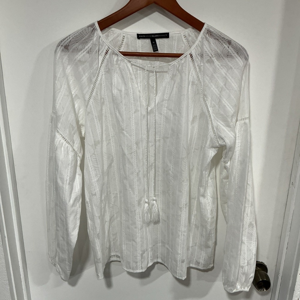 White House Black Market White Lace Tie Neck Top Blouse, Medium, Floral, Tassle